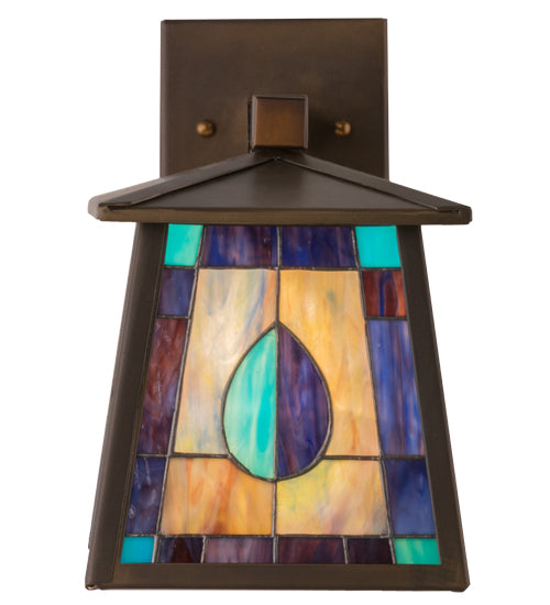 Meyda Lighting Mackintosh Leaf 7" Antique Copper Solid Mount Wall Sconce With Multi-Colored Stained Glass Panel Shade Glass