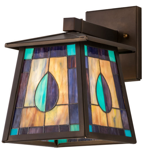 Meyda Lighting Mackintosh Leaf 7" Antique Copper Solid Mount Wall Sconce With Multi-Colored Stained Glass Panel Shade Glass