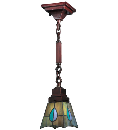 Meyda Lighting Mackintosh Leaf 7" Mahogany Bronze Mini Pendant Light With Multi-Colored Stained Shade Glass
