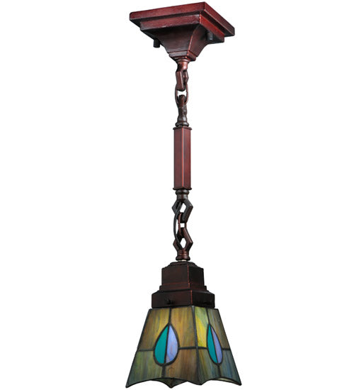 Meyda Lighting Mackintosh Leaf 7" Mahogany Bronze Mini Pendant Light With Multi-Colored Stained Shade Glass