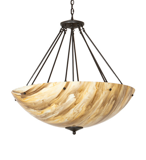 Meyda Lighting Madison 36" 8-Light Statuary Bronze Metallic Inverted Pendant Light With Travertine Idalight Shade