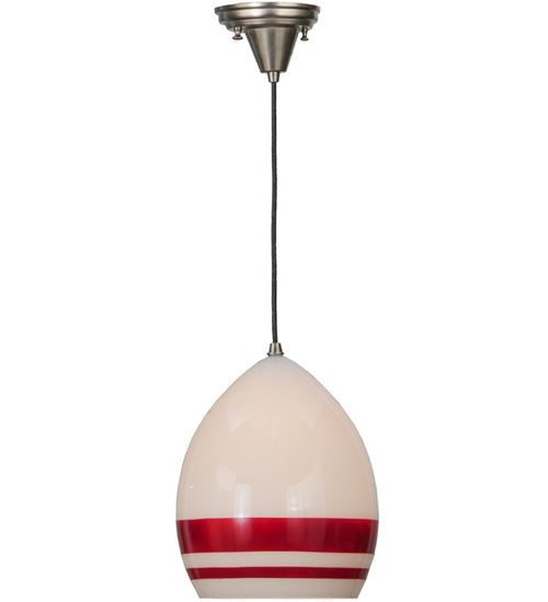 Meyda Lighting Magellan 9" Nickel Pendant Light With White and Red Stripe Blown Shade Glass