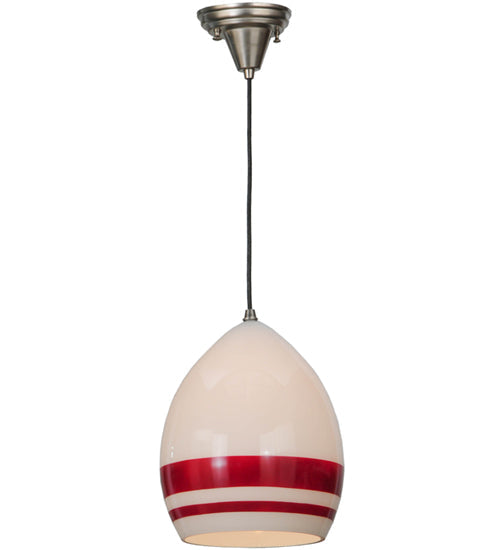 Meyda Lighting Magellan 9" Nickel Pendant Light With White and Red Stripe Blown Shade Glass