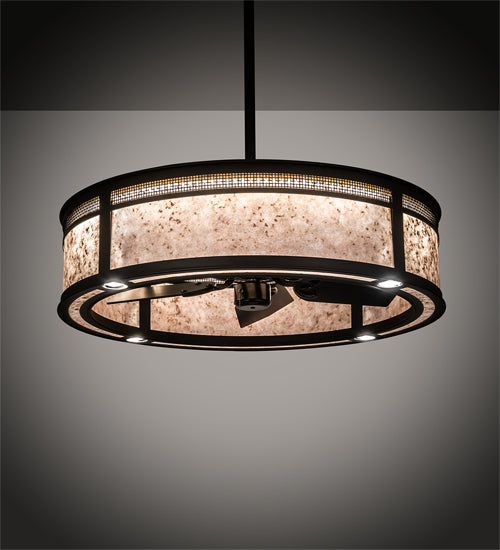 Meyda Lighting Maglia Semplice 36" 4-Light Oil Rubbed Bronze Chandelier With Silver Mica Shade Glass and Fan