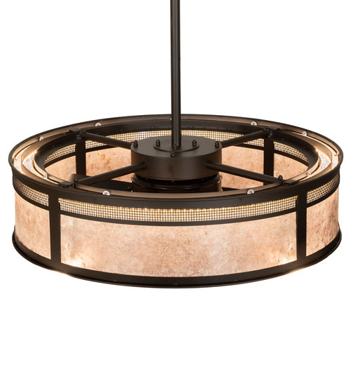 Meyda Lighting Maglia Semplice 36" 4-Light Oil Rubbed Bronze Chandelier With Silver Mica Shade Glass and Fan