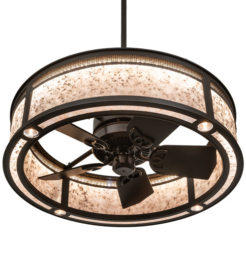 Meyda Lighting Maglia Semplice 36" 4-Light Oil Rubbed Bronze Chandelier With Silver Mica Shade Glass and Fan