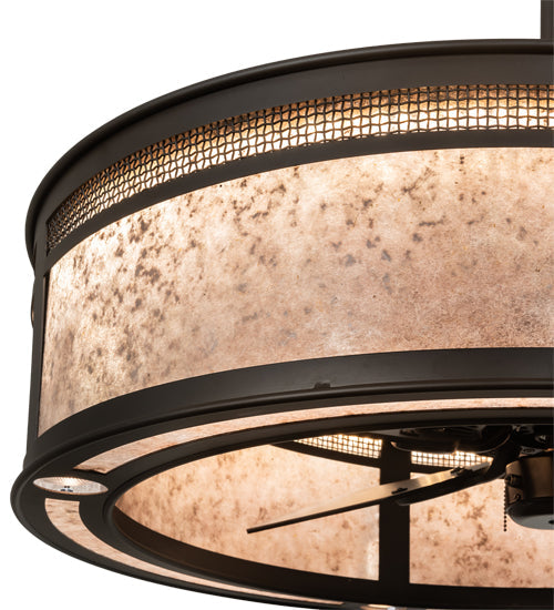 Meyda Lighting Maglia Semplice 36" 4-Light Oil Rubbed Bronze Chandelier With Silver Mica Shade Glass and Fan