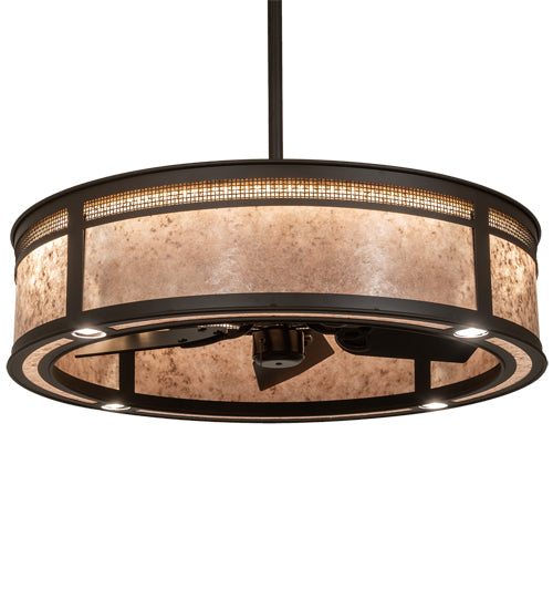 Meyda Lighting Maglia Semplice 36" 4-Light Oil Rubbed Bronze Chandelier With Silver Mica Shade Glass and Fan