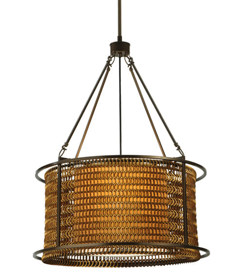 Meyda Lighting Maille 24"W x 54"H 4-Light Timeless Bronze Drum Pendant Light With Gold and Frosted White Idalight Shade