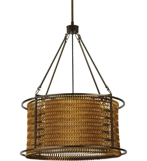 Meyda Lighting Maille 24"W x 54"H 4-Light Timeless Bronze Drum Pendant Light With Gold and Frosted White Idalight Shade