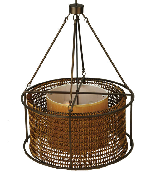 Meyda Lighting Maille 24"W x 54"H 4-Light Timeless Bronze Drum Pendant Light With Gold and Frosted White Idalight Shade