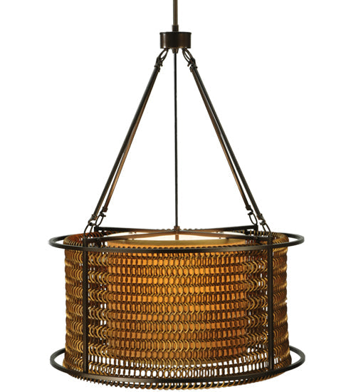 Meyda Lighting Maille 24"W x 54"H 4-Light Timeless Bronze Drum Pendant Light With Gold and Frosted White Idalight Shade