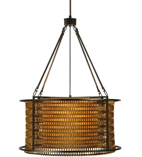 Meyda Lighting Maille 24"W x 54"H 4-Light Timeless Bronze Drum Pendant Light With Gold and Frosted White Idalight Shade