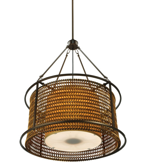 Meyda Lighting Maille 24"W x 54"H 4-Light Timeless Bronze Drum Pendant Light With Gold and Frosted White Idalight Shade