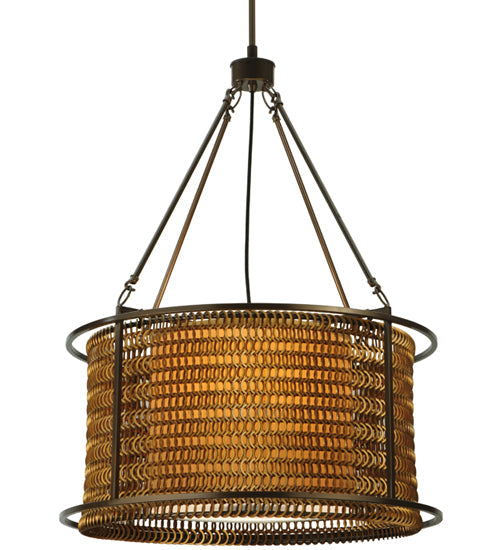 Meyda Lighting Maille 24"W x 54"H 4-Light Timeless Bronze Drum Pendant Light With Gold and Frosted White Idalight Shade