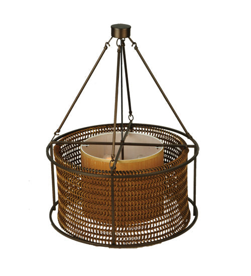 Meyda Lighting Maille 24"W x 64"H 4-Light Timeless Bronze Drum Pendant Light With Gold and Frosted White Idalight Shade