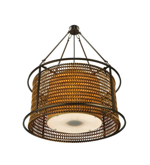 Meyda Lighting Maille 24"W x 64"H 4-Light Timeless Bronze Drum Pendant Light With Gold and Frosted White Idalight Shade