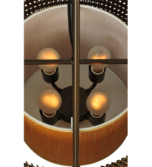 Meyda Lighting Maille 24"W x 64"H 4-Light Timeless Bronze Drum Pendant Light With Gold and Frosted White Idalight Shade