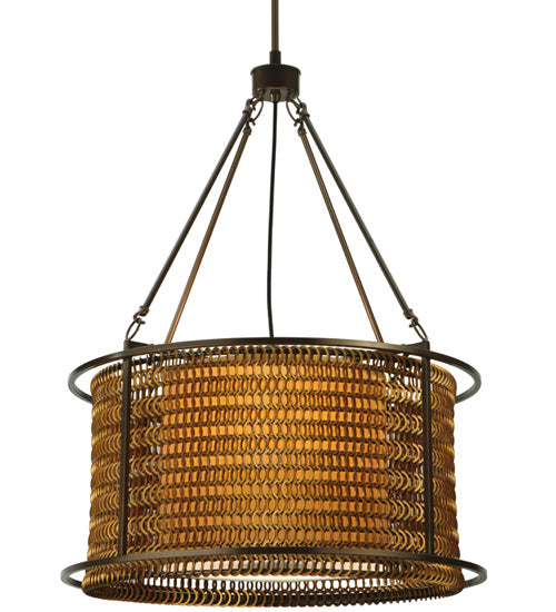 Meyda Lighting Maille 24"W x 64"H 4-Light Timeless Bronze Drum Pendant Light With Gold and Frosted White Idalight Shade