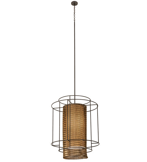 Meyda Lighting Maille 39"W x 140"H 4-Light Timeless Bronze Drum Pendant Light With Gold and Frosted White Idalight Shade