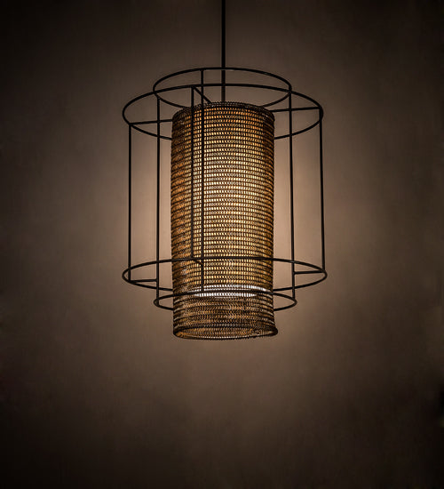 Meyda Lighting Maille 39"W x 140"H 4-Light Timeless Bronze Drum Pendant Light With Gold and Frosted White Idalight Shade