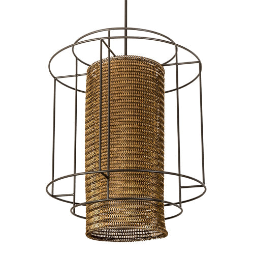 Meyda Lighting Maille 39"W x 140"H 4-Light Timeless Bronze Drum Pendant Light With Gold and Frosted White Idalight Shade
