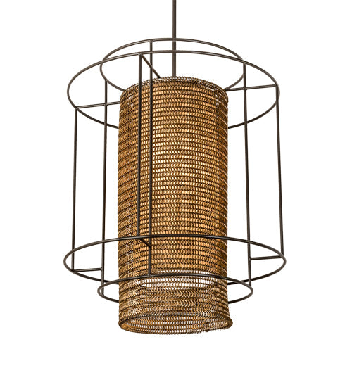 Meyda Lighting Maille 39"W x 140"H 4-Light Timeless Bronze Drum Pendant Light With Gold and Frosted White Idalight Shade