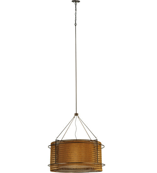 Meyda Lighting Maille 47"W x 86"H 6-Light Timeless Bronze Drum Pendant Light With Gold and Frosted White Idalight Shade