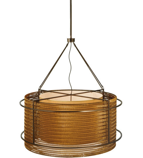 Meyda Lighting Maille 47"W x 86"H 6-Light Timeless Bronze Drum Pendant Light With Gold and Frosted White Idalight Shade