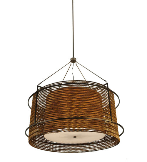 Meyda Lighting Maille 47"W x 86"H 6-Light Timeless Bronze Drum Pendant Light With Gold and Frosted White Idalight Shade