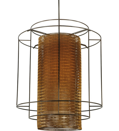 Meyda Lighting Maille 49"W x 150"H 4-Light Timeless Bronze Drum Pendant Light With Gold and Frosted White Idalight Shade