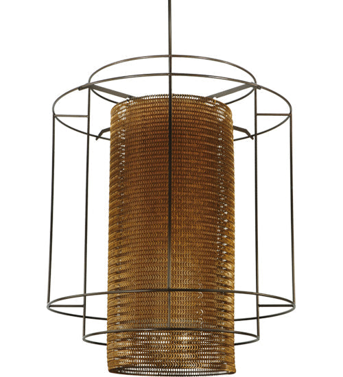 Meyda Lighting Maille 49"W x 150"H 4-Light Timeless Bronze Drum Pendant Light With Gold and Frosted White Idalight Shade