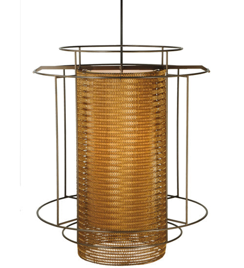 Meyda Lighting Maille 49"W x 150"H 4-Light Timeless Bronze Drum Pendant Light With Gold and Frosted White Idalight Shade