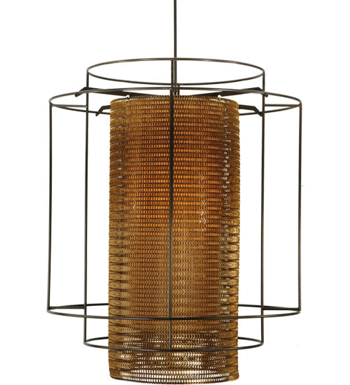Meyda Lighting Maille 49"W x 150"H 4-Light Timeless Bronze Drum Pendant Light With Gold and Frosted White Idalight Shade