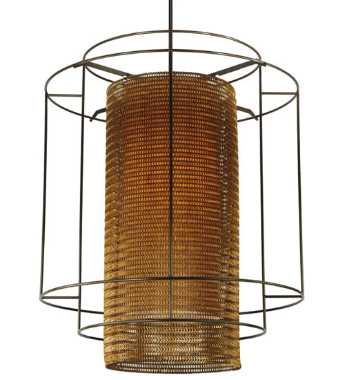 Meyda Lighting Maille 49"W x 150"H 4-Light Timeless Bronze Drum Pendant Light With Gold and Frosted White Idalight Shade