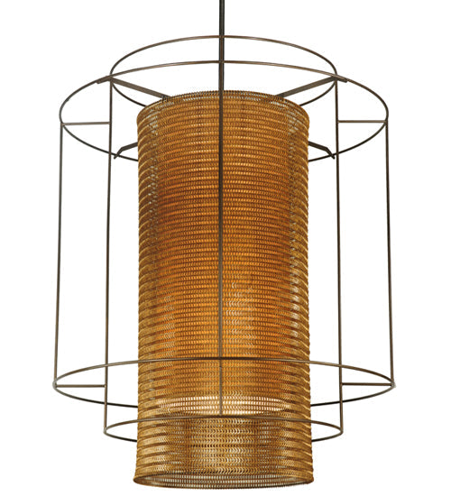 Meyda Lighting Maille 60"W x 128"H 8-Light Timeless Bronze Drum Pendant Light With Gold and Frosted White Idalight Shade