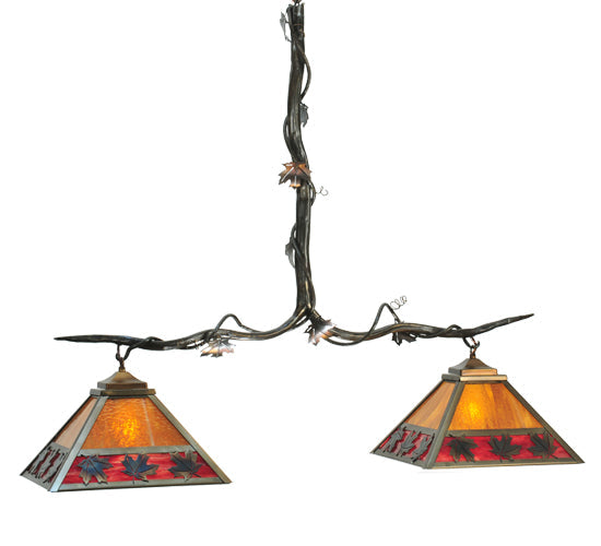 Meyda Lighting Maple Leaf 42" 2-Light Burnished Antique Copper Island Pendant Light With Ruby & Beige Shade Glass