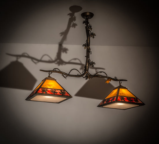 Meyda Lighting Maple Leaf 42" 2-Light Light Burnished Antique Copper Island Pendant Light With Honey & Burgundy Art Shade Glass