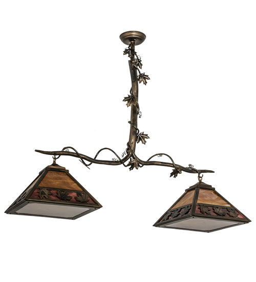 Meyda Lighting Maple Leaf 42" 2-Light Light Burnished Antique Copper Island Pendant Light With Honey & Burgundy Art Shade Glass