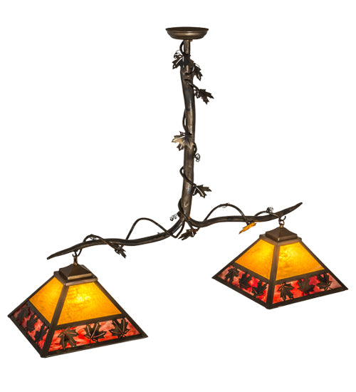 Meyda Lighting Maple Leaf 42" 2-Light Light Burnished Antique Copper Island Pendant Light With Honey & Burgundy Art Shade Glass