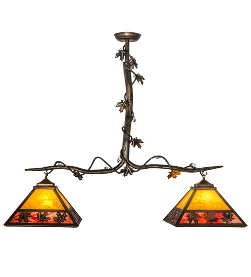 Meyda Lighting Maple Leaf 42" 2-Light Light Burnished Antique Copper Island Pendant Light With Honey & Burgundy Art Shade Glass