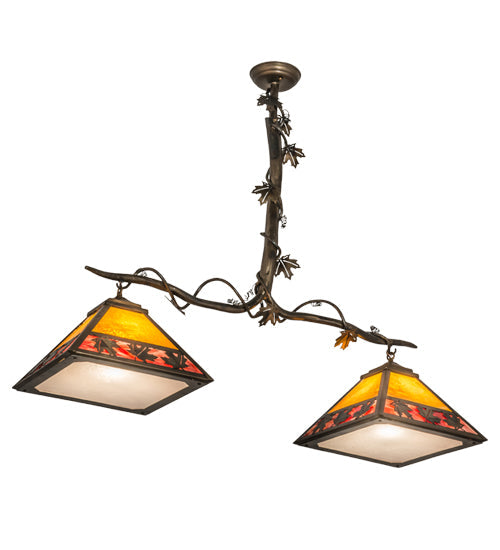 Meyda Lighting Maple Leaf 42" 2-Light Light Burnished Antique Copper Island Pendant Light With Honey & Burgundy Art Shade Glass