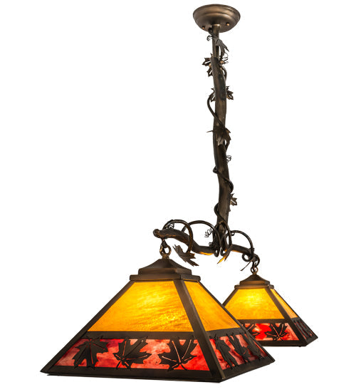 Meyda Lighting Maple Leaf 42" 2-Light Light Burnished Antique Copper Island Pendant Light With Honey & Burgundy Art Shade Glass