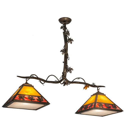 Meyda Lighting Maple Leaf 42" 2-Light Light Burnished Antique Copper Island Pendant Light With Honey & Burgundy Art Shade Glass