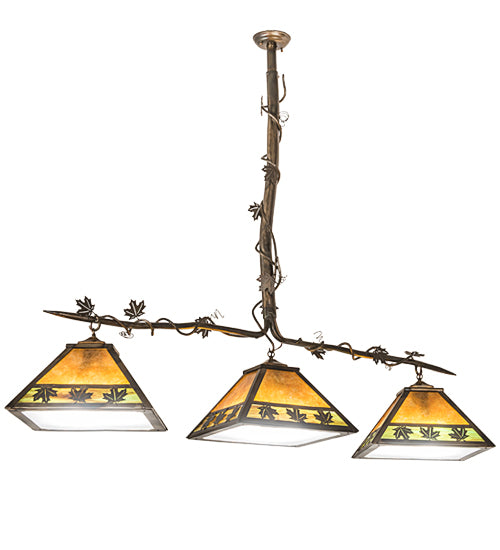 Meyda Lighting Maple Leaf 66" 3-Light Light Burnished Antique Copper Island Pendant Light With Multi-Colored Shade Glass