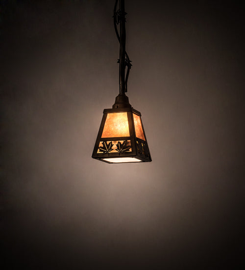 Meyda Lighting Maple Leaf 9" Light Burnished Antique Copper Mini Pendant Light With Amber Mica & Greenish Brown Art Shade Glass
