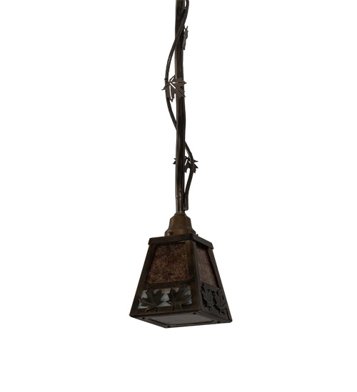 Meyda Lighting Maple Leaf 9" Light Burnished Antique Copper Mini Pendant Light With Amber Mica & Greenish Brown Art Shade Glass
