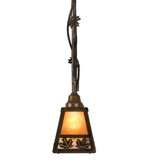 Meyda Lighting Maple Leaf 9" Light Burnished Antique Copper Mini Pendant Light With Amber Mica & Greenish Brown Art Shade Glass