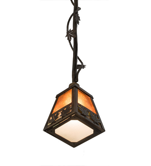 Meyda Lighting Maple Leaf 9" Light Burnished Antique Copper Mini Pendant Light With Amber Mica & Greenish Brown Art Shade Glass