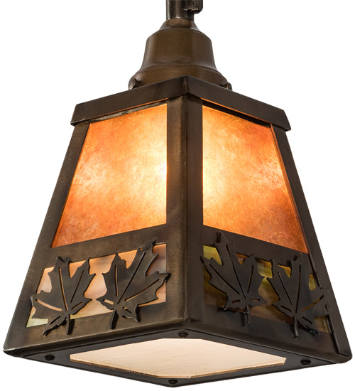Meyda Lighting Maple Leaf 9" Light Burnished Antique Copper Mini Pendant Light With Amber Mica & Greenish Brown Art Shade Glass